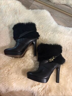 Coach Black Fur Platform Leather High-Heel Ankle Boots - Women